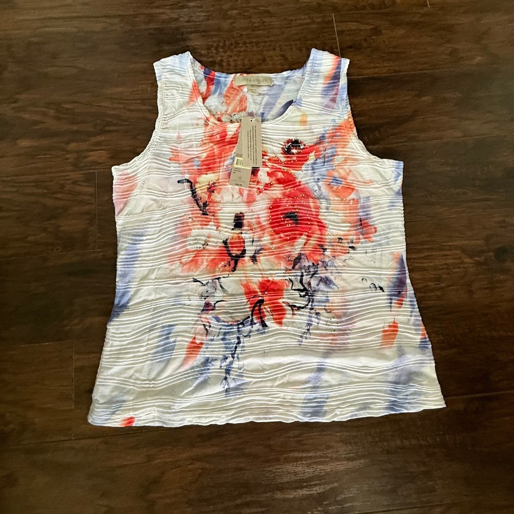 Laura Ashley White Floral Rhinestone Sleeveless Top Petite Large NWT